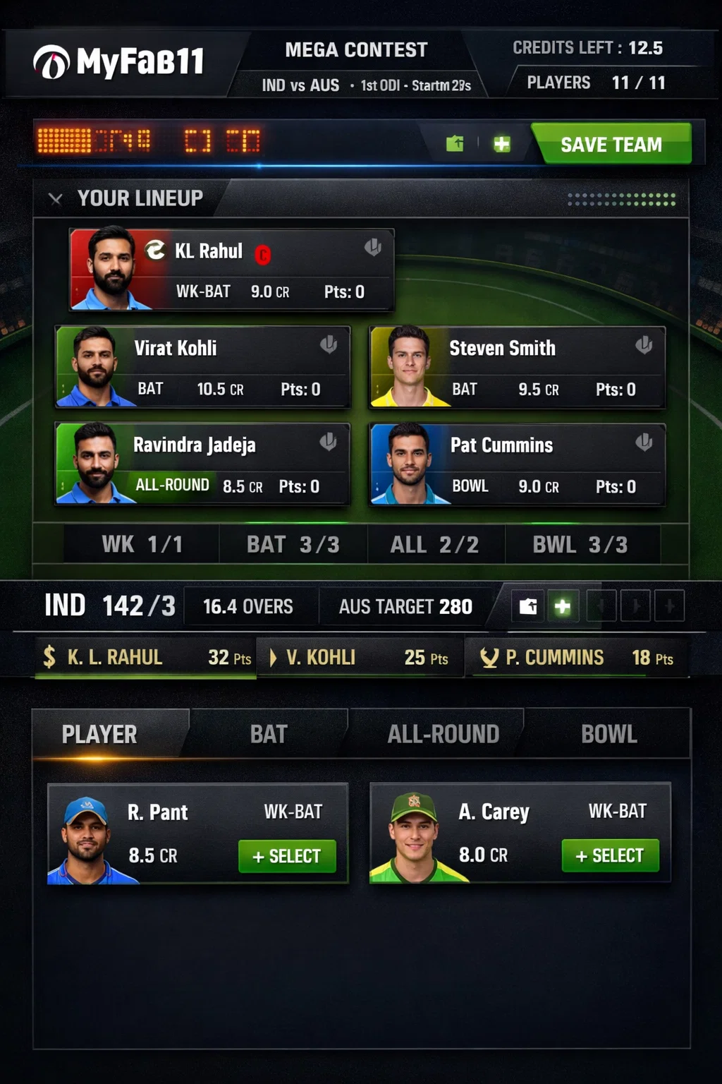 MyFab11 fantasy cricket app dashboard and lineup workflow